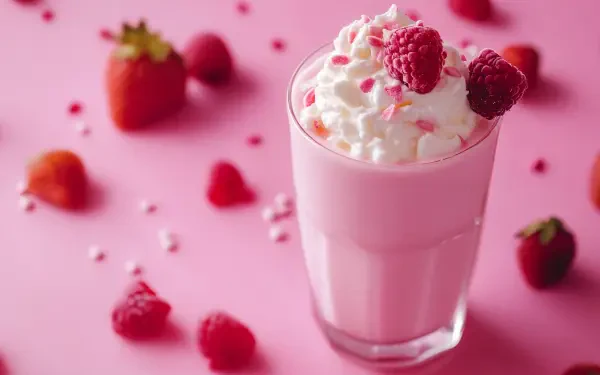 A creamy pink kefir drink topped with whipped cream and fresh raspberries, surrounded by scattered strawberries, set against a vibrant pink background. 4K Ultra HD wallpaper.