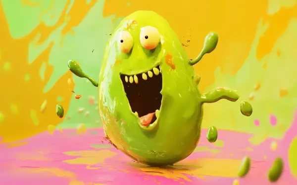 A vibrant, cartoonish green edamame character joyfully splashes in front of a colorful background, showcased as a 4K Ultra HD PC desktop wallpaper and background.
