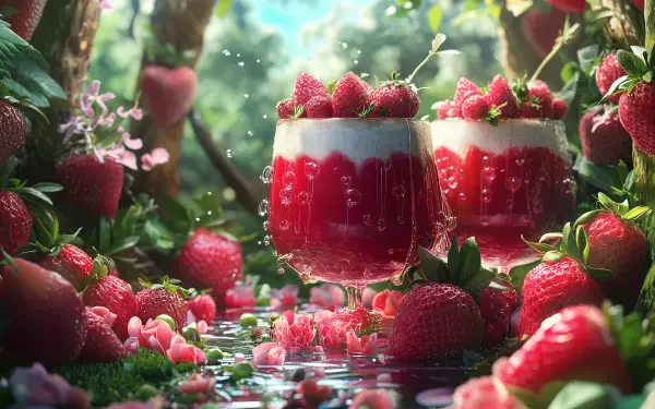 Two glasses of kefir topped with fresh strawberries are surrounded by a vibrant display of fruit and flowers, set in a lush, enchanted garden. 4K Ultra HD wallpaper background.