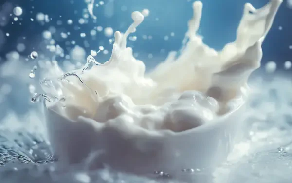 A dynamic splash of kefir in a white bowl, set against a blurred blue background, captured in stunning 4K Ultra HD quality.