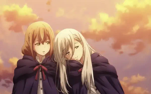 A beautifully rendered HD anime wallpaper featuring two characters from Ishura, standing closely together against a warm, sunset backdrop.