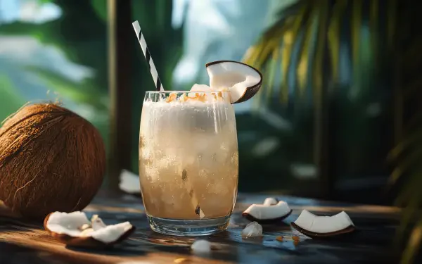 A refreshing glass of coconut water sits on a table, surrounded by coconut pieces and a whole coconut, with tropical greenery blurred in the background. 4K Ultra HD quality.