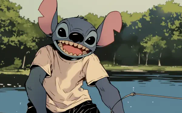 Stitch from Lilo & Stitch smiles from a lakeside setting, wearing a casual shirt. This vibrant HD wallpaper captures the playful spirit of the beloved TV show.