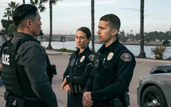A scene from the TV show On Call (2025), featuring police officers engaged in conversation against a backdrop of palm trees and a serene water edge. 4K Ultra HD quality.