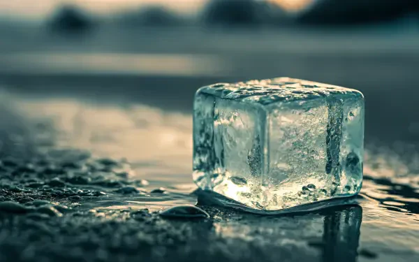 A close-up of a glistening ice cube resting on a wet surface, captured in stunning detail, perfect for a 4K Ultra HD PC desktop wallpaper and background.