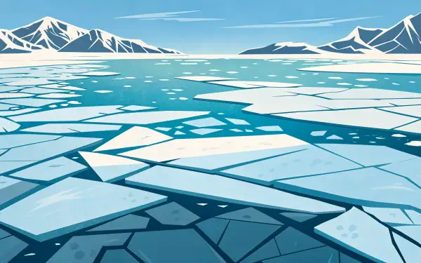 4K Ultra HD desktop wallpaper of a serene landscape featuring fragmented sea ice floating on the ocean, set against snowy mountains under a clear blue sky.