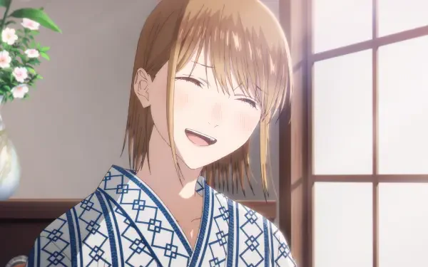 Anime-style HD PC desktop wallpaper featuring Chinatsu Kano from Blue Box, smiling warmly in traditional attire against a softly lit window backdrop.