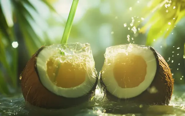 A fresh coconut split open with water splashing, set in a tropical environment, captured in vivid 4K Ultra HD for a refreshing desktop wallpaper.