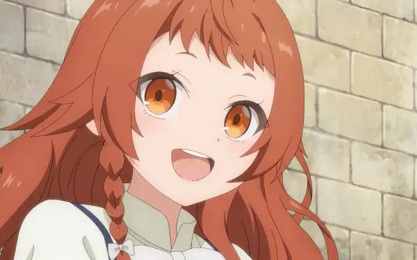 A cheerful character with orange hair and bright eyes smiles against a stone wall backdrop. From the anime Magic Maker: Isekai Mahou no Tsukurikata, this HD wallpaper adds vibrant charm.