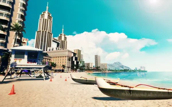 A vibrant HD wallpaper depicting a Hawaiian beach with traditional canoes and a city skyline, themed around the video game Like a Dragon: Pirate Yakuza.