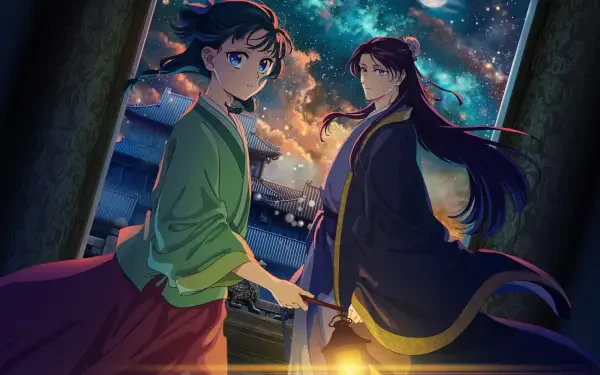 HD anime desktop wallpaper featuring Maomao and Jinshi from The Apothecary Diaries, set against a vivid, starry night sky with traditional architecture in the background.