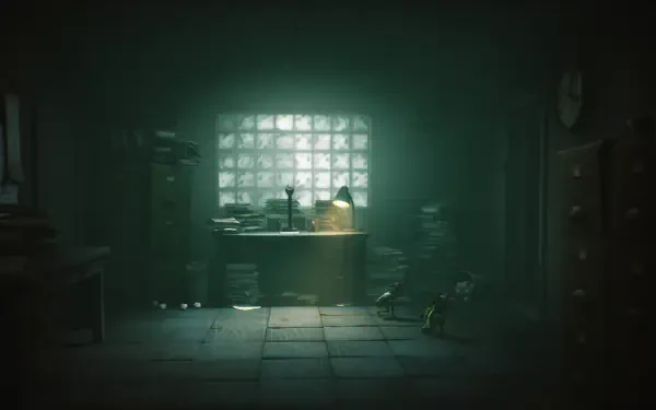 HD PC desktop wallpaper featuring a dark, eerie room from the video game Little Nightmares III, illuminated by soft light through a window.
