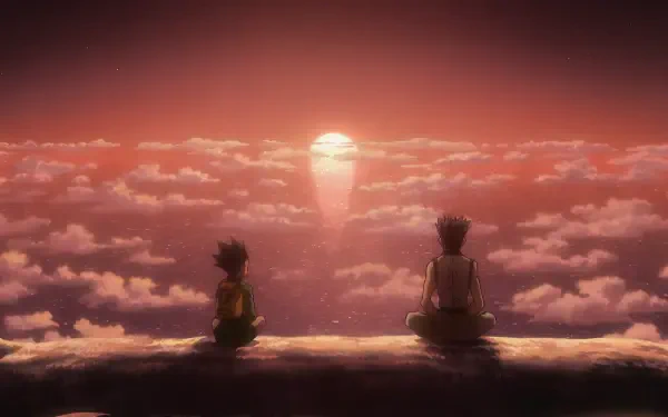 4K Ultra HD anime wallpaper featuring Gon Freecss and Ging Freecss from Hunter x Hunter sitting above clouds at sunset with the quote the route is the goal.