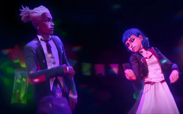 Ekko and Jinx from *Arcane* engage in a dynamic dance against a colorful backdrop, showcasing vibrant energy and style in this HD wallpaper inspired by *League of Legends*.