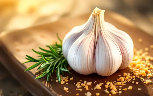 A close-up of a fresh garlic bulb surrounded by bits of garlic and sprigs of rosemary, set against a warm background, captured in stunning 4K Ultra HD quality for a desktop wallpaper.