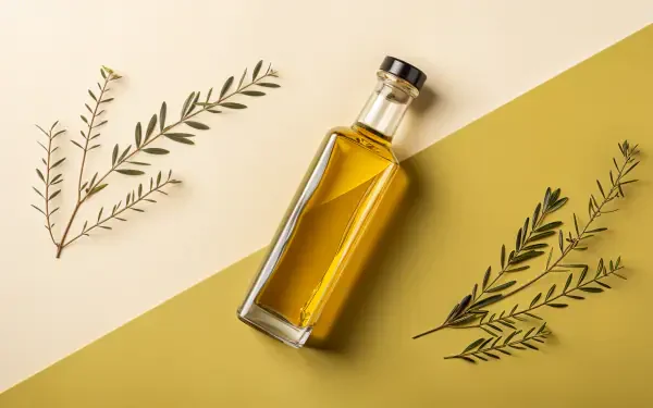 A glass bottle of olive oil sits prominently on a geometric background with olive leaves arranged nearby, showcasing a fresh and natural aesthetic in this 4K Ultra HD wallpaper.