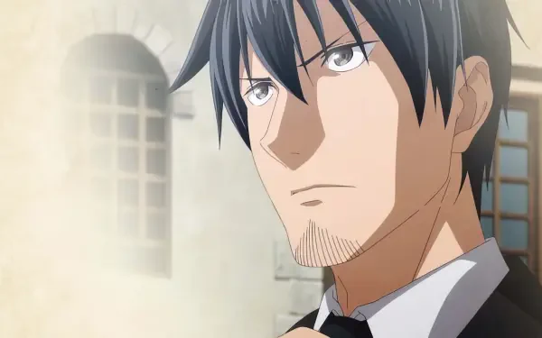 An anime character from Headhunted to Another World stands in a thoughtful pose, dressed in formal attire. This HD wallpaper captures a moment of intensity and contemplation.