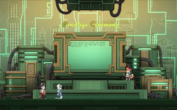 A vibrant HD wallpaper from Threefold Recital displays a stylized stage with characters interacting against a tech-inspired background featuring green tones and digital motifs.