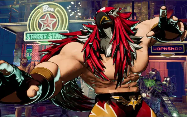 A vibrant HD wallpaper featuring a powerful character from the video game Fatal Fury: City of the Wolves, showcasing dynamic action against a colorful urban backdrop.