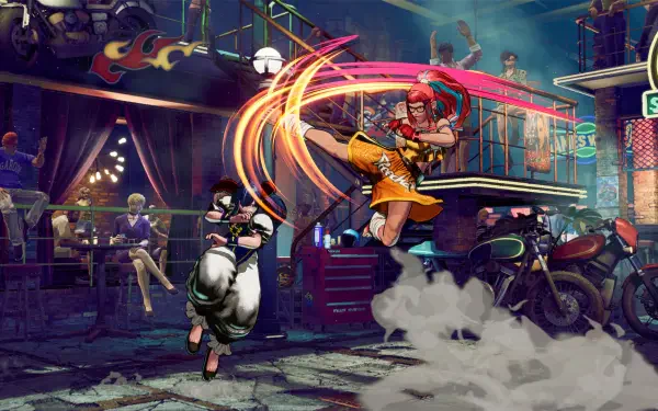 Dynamic scene from Fatal Fury: City of the Wolves, featuring intense action with a character executing a high kick in an energetic, vibrant setting full of detail and movement.