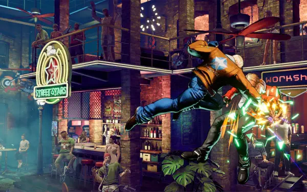 Dynamic scene from the video game Fatal Fury: City of the Wolves, featuring an intense action moment set in a vibrant bar environment, captured as an HD PC desktop wallpaper.