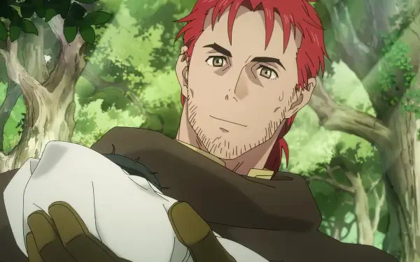 A character from the anime I Left My A-Rank Party to Help My Former Students Reach the Dungeon Depths! smiles while cradling another character in a lush, green forest.