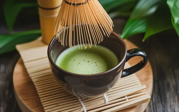 A serene 4K Ultra HD wallpaper featuring a bowl of matcha tea, a bamboo whisk, and lush green leaves, creating a calming atmosphere suitable for any desktop background.