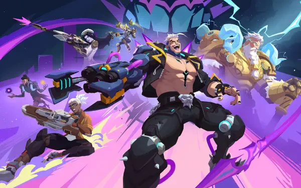 Explosive action scene featuring characters from Overwatch 2, showcasing vibrant colors and dynamic poses, designed as an HD PC desktop wallpaper and background.