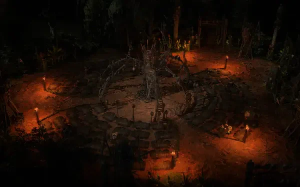 A dark, atmospheric scene from Path of Exile 2, featuring a central statue surrounded by stone and glowing candles, creating a mystical and eerie setting perfect for a 4K Ultra HD desktop wallpaper.