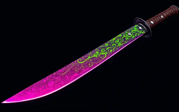 A vibrant ninja sword with intricate green and pink patterns, set against a black background, designed as a striking 4K Ultra HD PC desktop wallpaper.