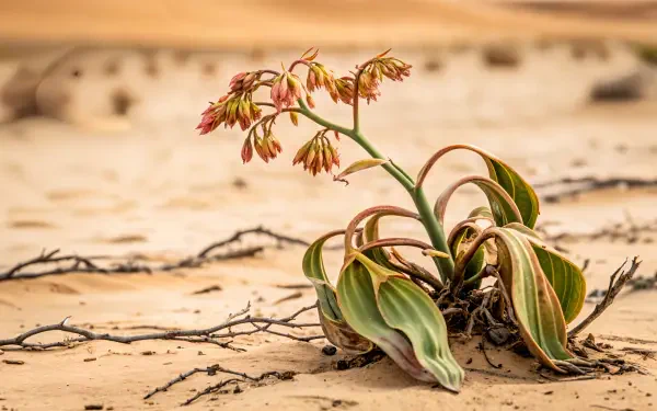 A vibrant desert plant with thick leaves and delicate flowers stands resiliently in the sandy landscape, captured in stunning 4K Ultra HD detail, ideal for a desktop wallpaper.
