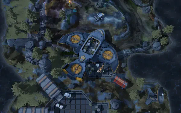 Aerial view of a futuristic base from the video game IDUN - Frontline Survival, showcasing intricate details and terrain in a vibrant 4K Ultra HD setting.