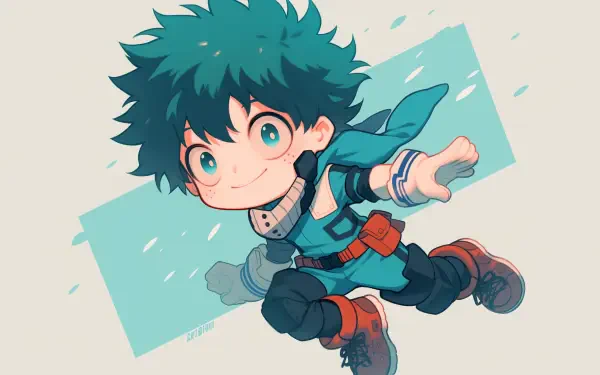 Chibi-style illustration of Izuku Midoriya from My Hero Academia, showcasing his signature green hair and dynamic pose, set against a light background, ideal for an anime-themed desktop wallpaper.