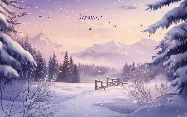 A serene January landscape features a snow-covered scene with mountains in the background, evergreen trees, and softly falling snow, creating a tranquil winter atmosphere.