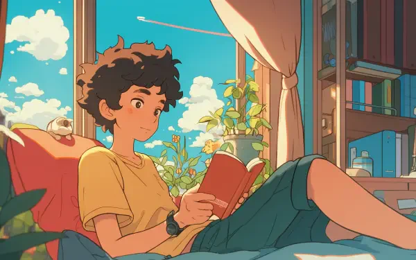 A serene anime scene featuring a young reader relaxing in a cozy room filled with plants, reminiscent of Studio Ghibli's lofi aesthetic. Perfect for a calming desktop wallpaper.