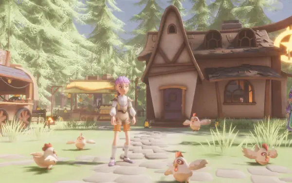 A vibrant HD desktop wallpaper from the video game Magic Inn, featuring a character surrounded by chickens and a charming inn set in a lush, green environment.