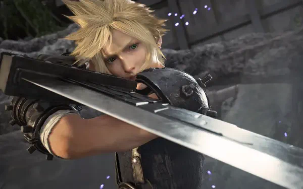 Cloud Strife from Final Fantasy VII Rebirth wields his iconic sword in this stunning 4K Ultra HD wallpaper, capturing the essence of the beloved video game character.