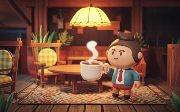A whimsical character holds a steaming cup of chai tea in a cozy, warmly lit setting, surrounded by plants and inviting furniture, presented as a 4K Ultra HD wallpaper.