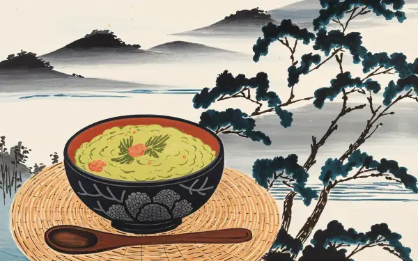 A vibrant bowl of guacamole sits on a woven mat, surrounded by a serene landscape with mountains and trees, designed as a stunning 4K Ultra HD desktop wallpaper.