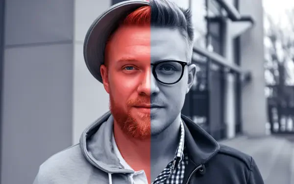 A striking split personality concept showcased in this 4K Ultra HD wallpaper, featuring a man with contrasting facial halves: one vibrant in color and the other in monochrome.
