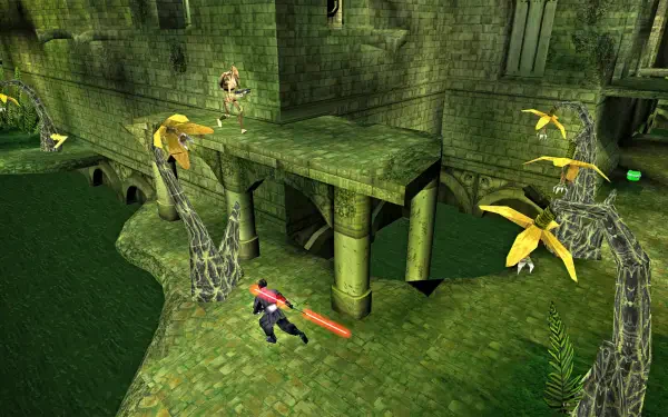 A vibrant HD wallpaper depicting a scene from Star Wars Episode I: Jedi Power Battles, featuring a character with a lightsaber navigating a lush, green environment with striking architecture.