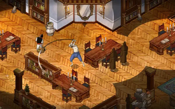 A vibrant 4K Ultra HD wallpaper from the video game The Stone of Madness, showcasing a dynamic scene in a richly detailed library setting with characters in action.