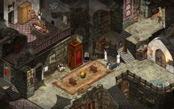 A detailed 4K Ultra HD background from the video game The Stone of Madness, depicting a mysterious stone castle interior with characters and intricate architecture.