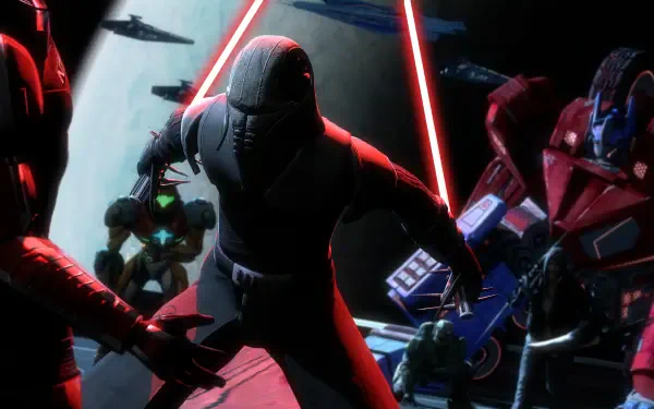 A dynamic crossover scene featuring characters wielding lightsabers from various video games, set against a cosmic backdrop with starships. High-definition PC wallpaper.