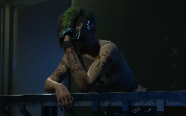 Judy from Cyberpunk 2077 leans against a railing, showcasing her vibrant green hair and tattoos in this atmospheric HD desktop wallpaper. 