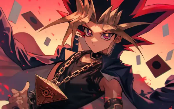 HD wallpaper featuring Yami Yugi from Yu-Gi-Oh!, showcasing the character's striking appearance with a dynamic pose against a vivid backdrop of cards and vibrant colors.