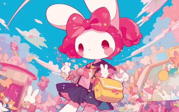 A vibrant HD desktop wallpaper featuring My Melody from Onegai My Melody, showcasing the character with a bunny theme, surrounded by colorful scenery and playful elements.