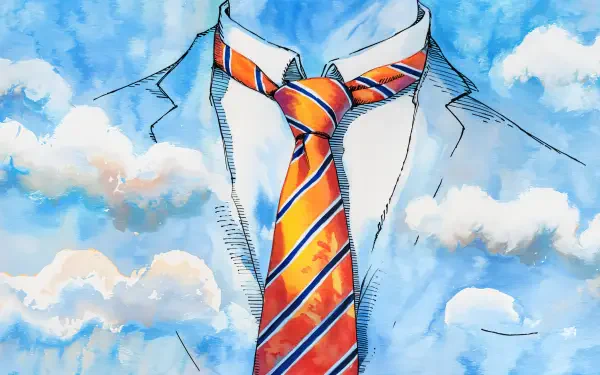 A vibrant illustration of a suit and striped tie against a blue sky with fluffy clouds, designed as a 4K Ultra HD desktop wallpaper.