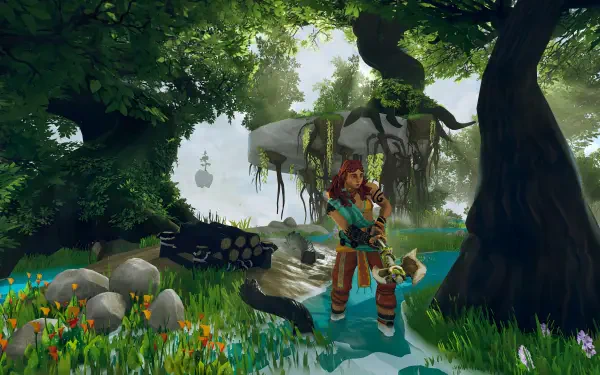 A vibrant scene from the video game Aloft, featuring a character standing by a serene body of water surrounded by lush greenery and colorful flowers, captured in stunning 4K Ultra HD.