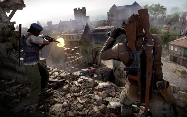 A dramatic scene from Sniper Elite: Resistance, showcasing two soldiers in a destroyed landscape, emphasizing tactical gameplay in a 4K Ultra HD setting.